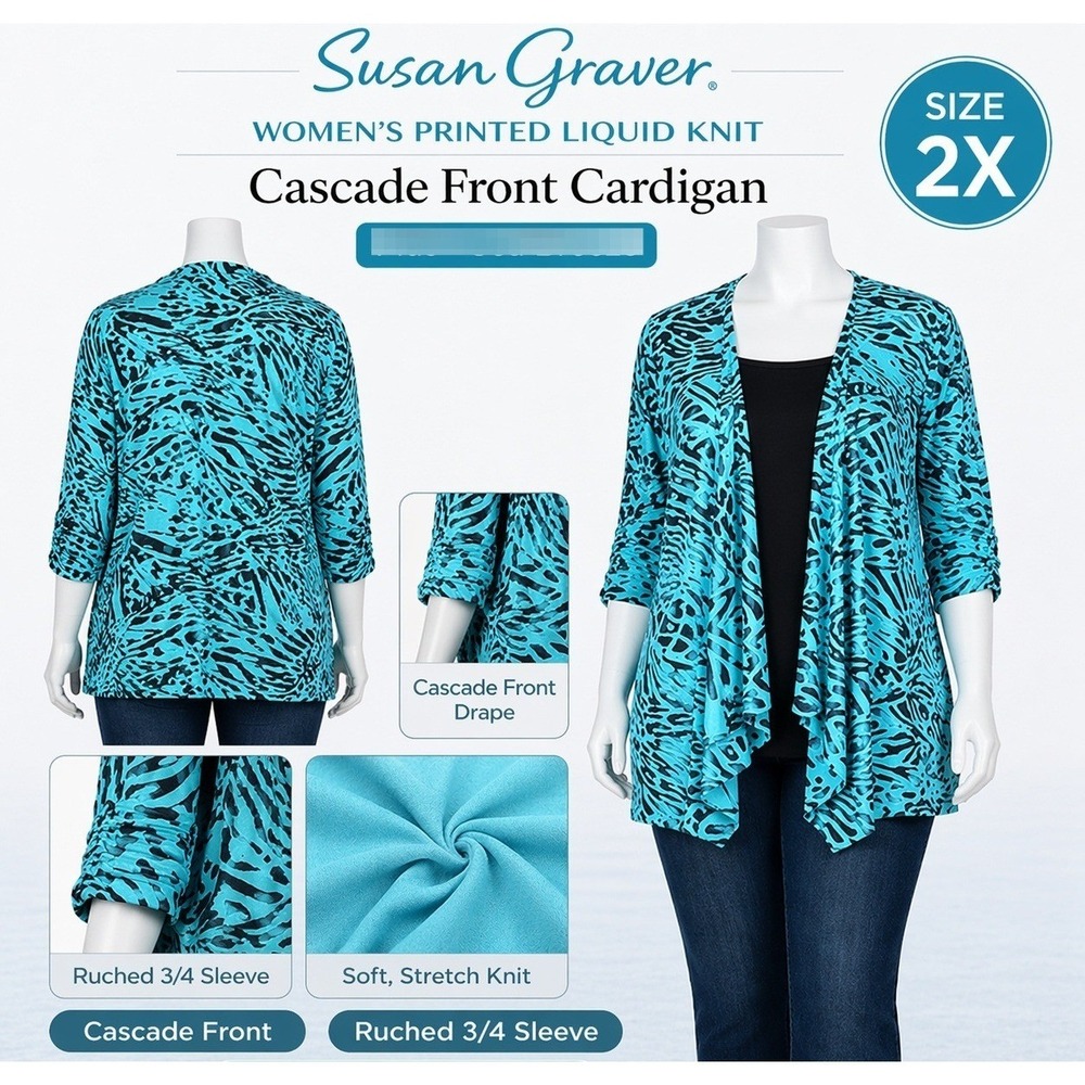 Susan Graver Liquid Knit‎ Cascade Front Cardigan Brilliant Blue Print 2X A232431
